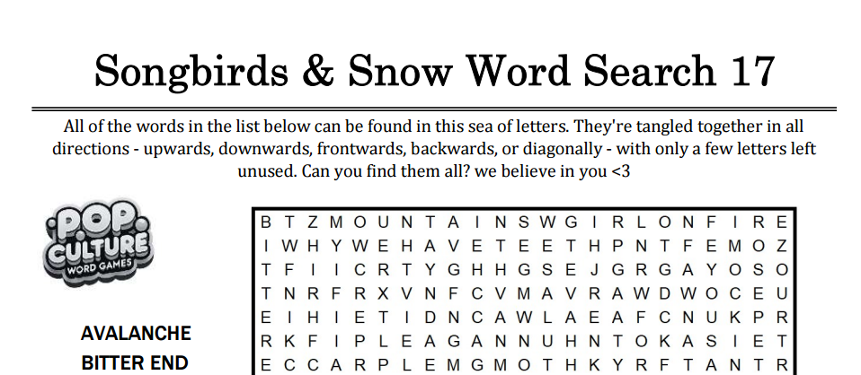 Songbirds & Snow Word Searches : booklet DOWNLOAD