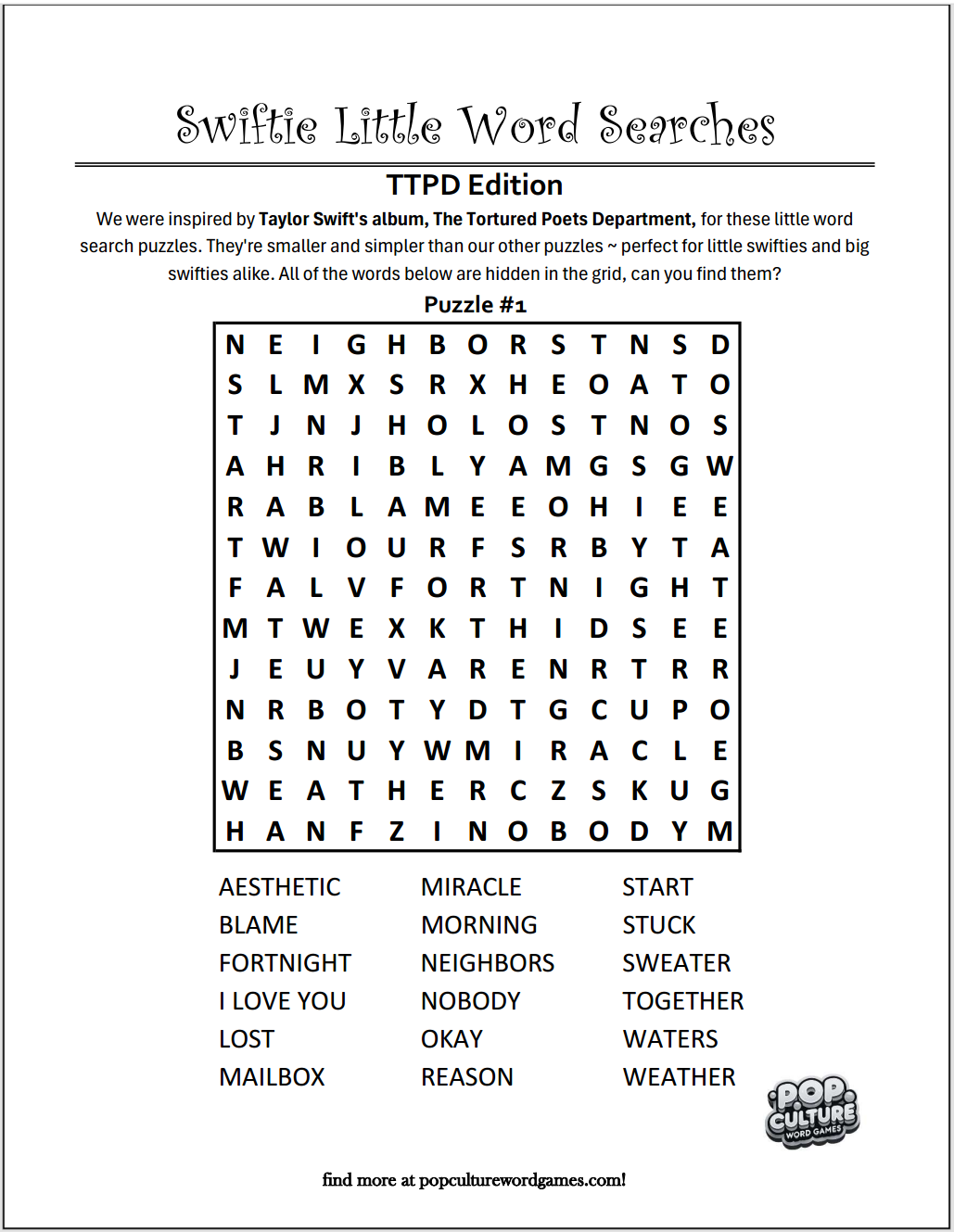 Swiftie Little Word Searches : puzzle DOWNLOADS