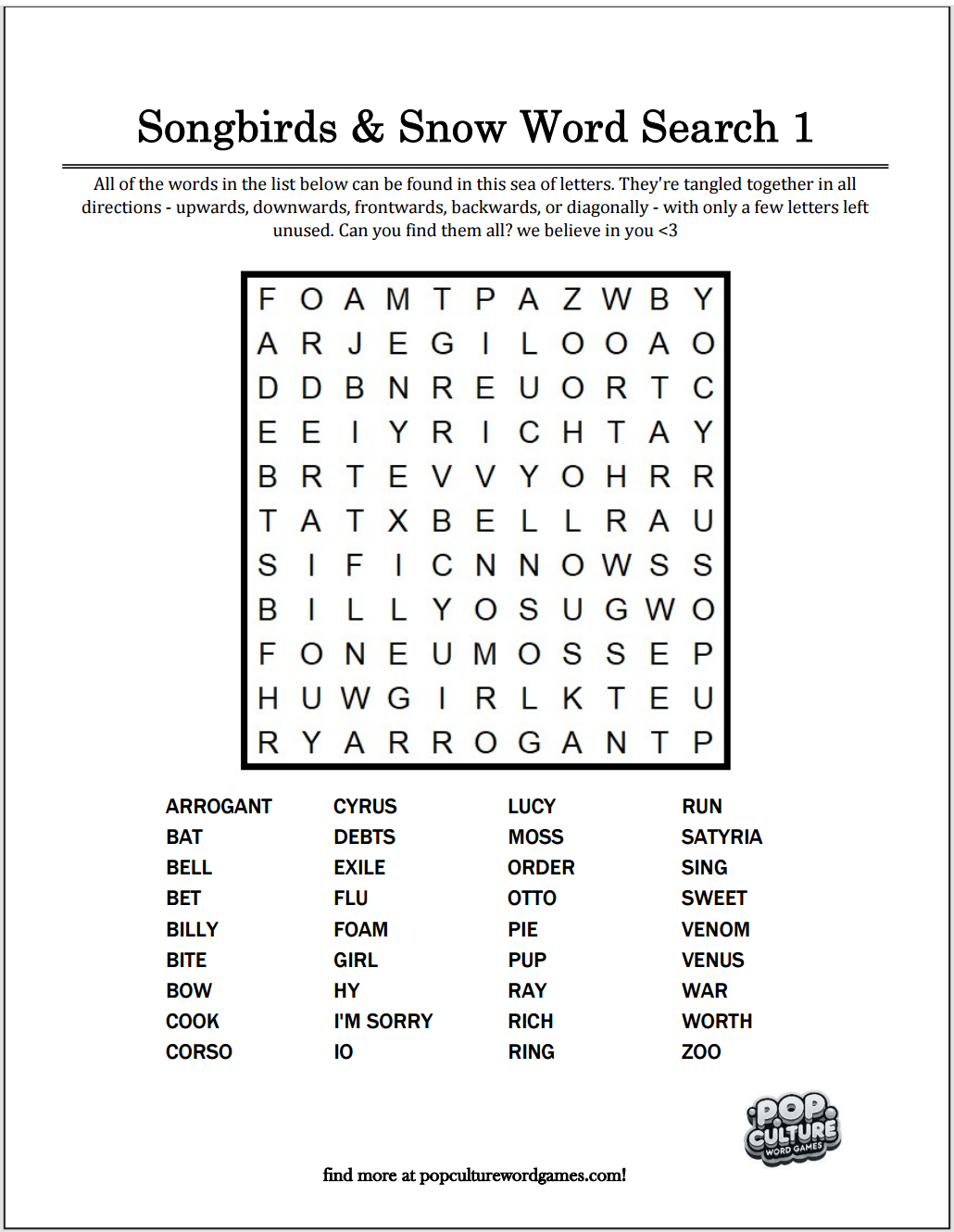 Songbirds & Snow Word Searches : booklet DOWNLOAD