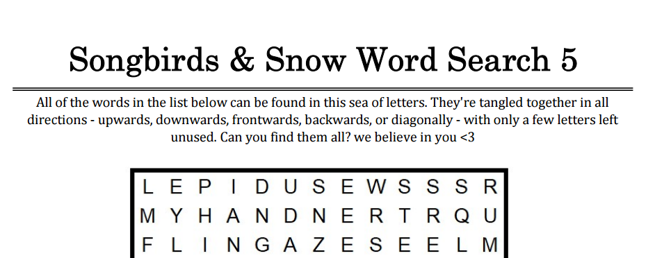 Songbirds & Snow Word Searches : booklet DOWNLOAD