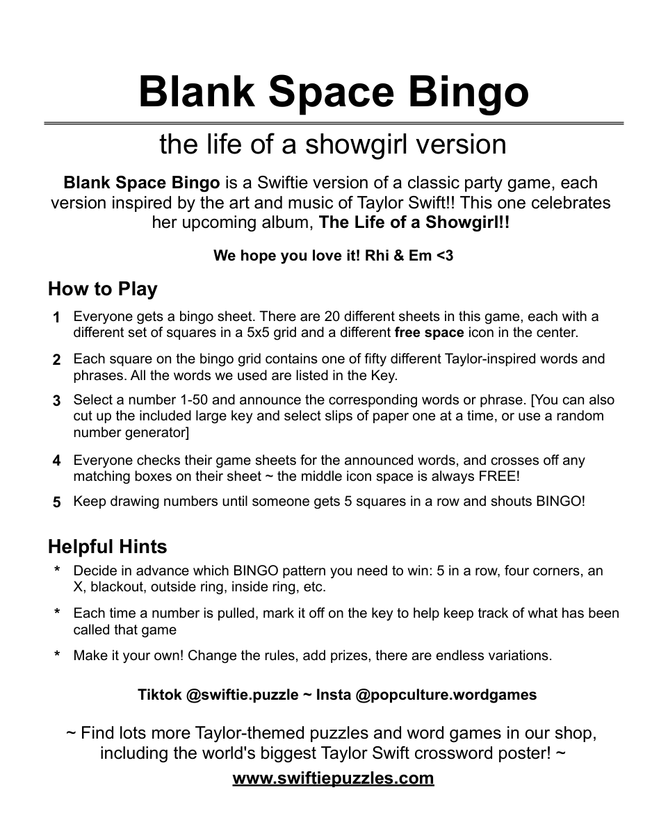 FREE Taylor Swift SHOWGIRL Bingo : DOWNLOAD