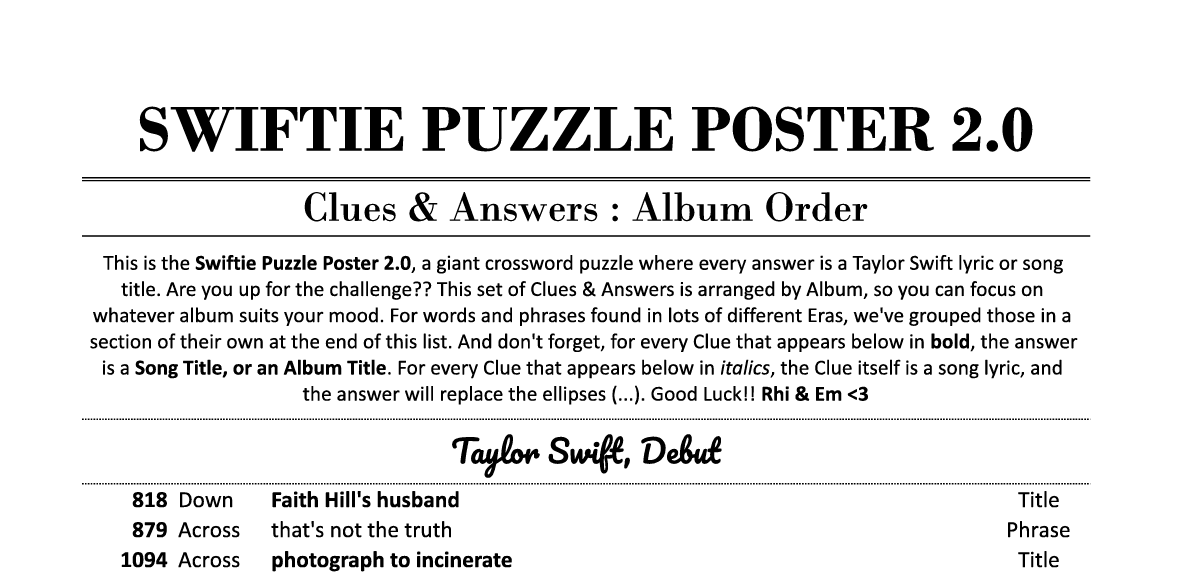 Swiftie Puzzle Poster 2.0 : Giant Taylor Swift Crossword DOWNLOAD