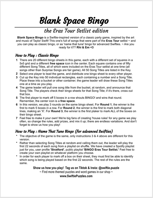 Blank Space BINGO : Taylor-inspired Party Games!