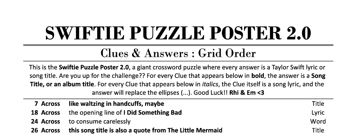 Swiftie Puzzle Poster 2.0 : Giant Taylor Swift Crossword DOWNLOAD