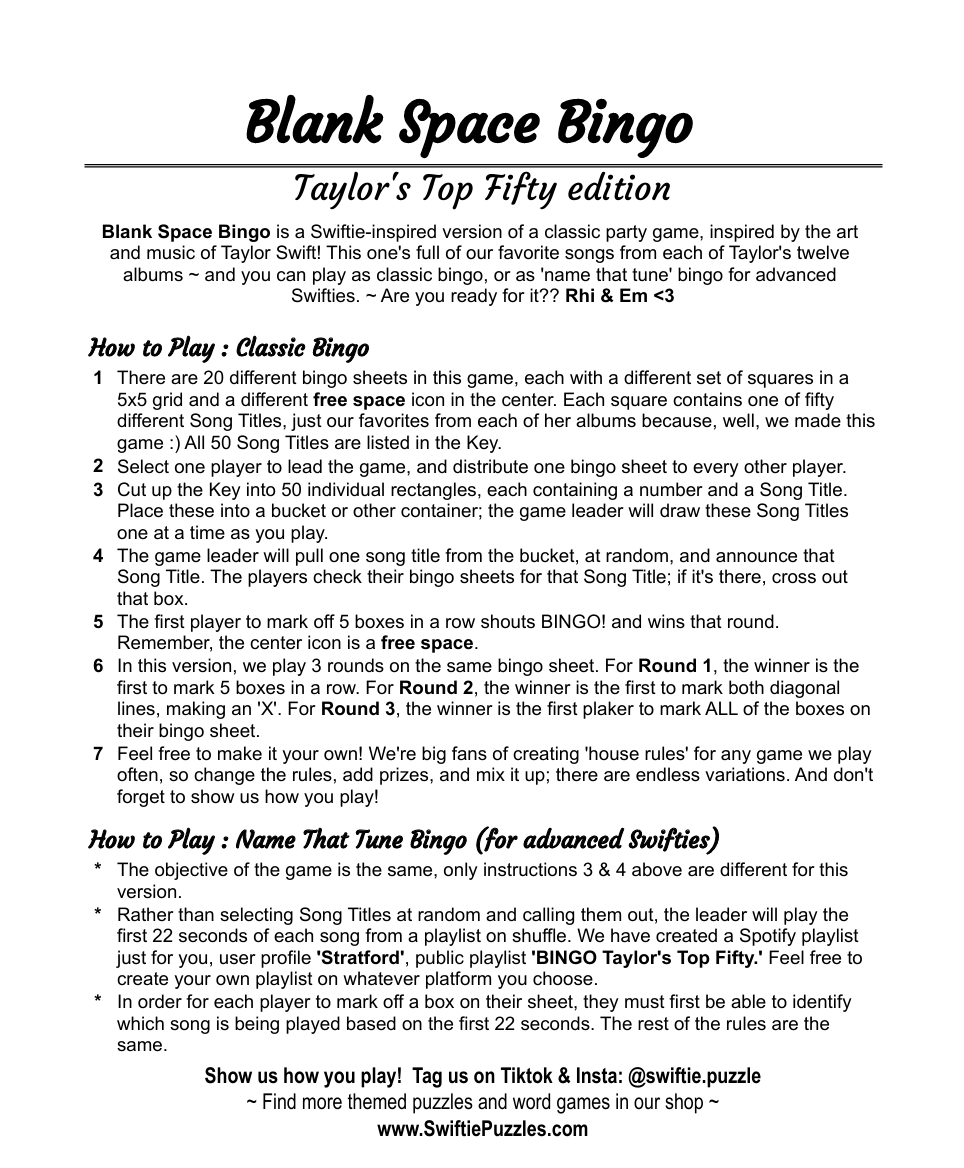 Blank Space BINGO : Taylor-inspired Party Games!