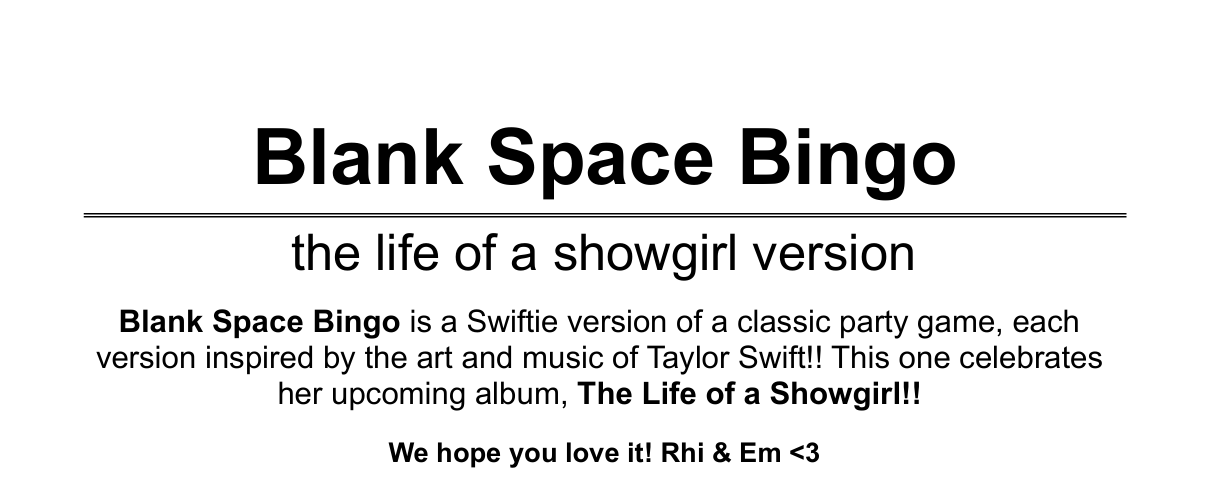 FREE Taylor Swift SHOWGIRL Bingo : DOWNLOAD